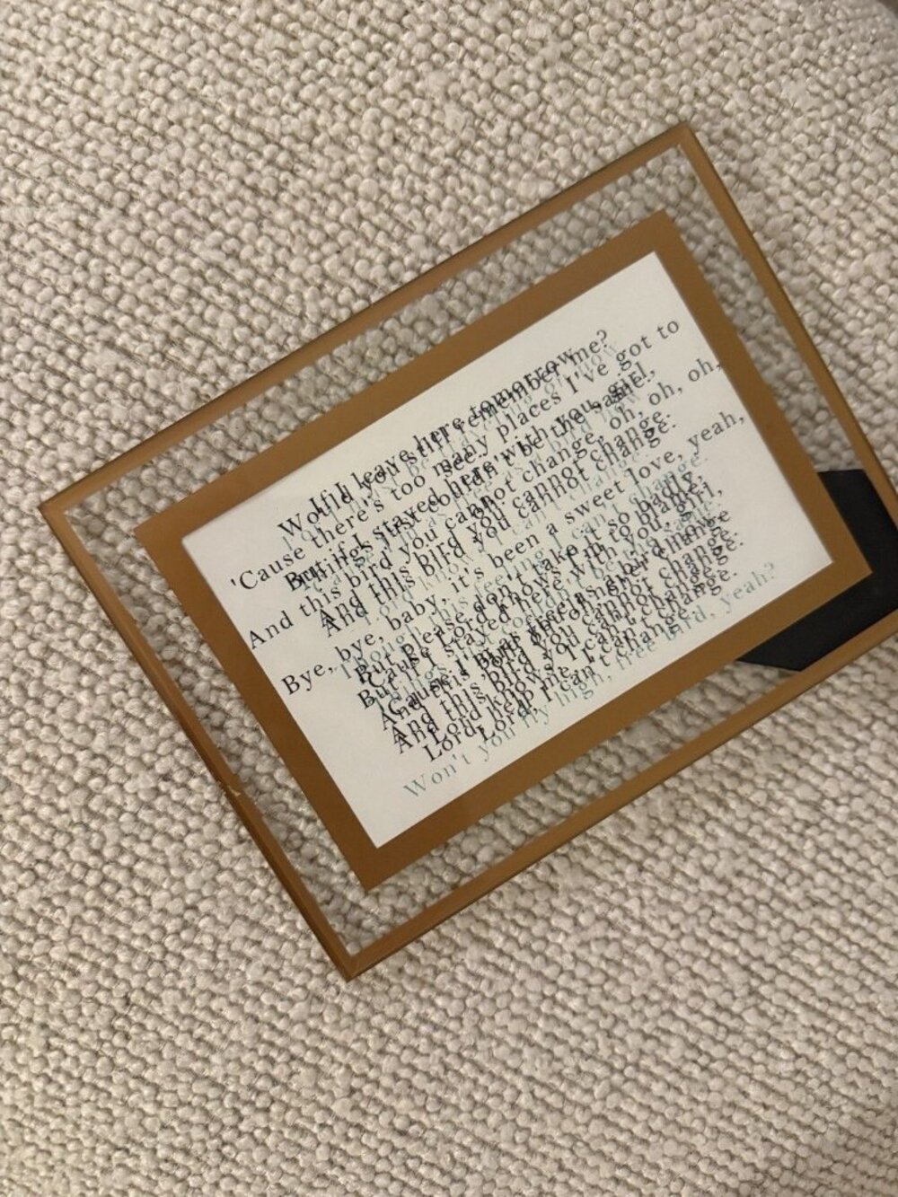 4x6” glass table top frame with jumbled lynyrd skynyrd free bird song lyrics